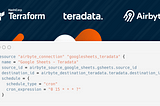 A code snippet for setting up a scheduled data connection between Google Sheets and Teradata using Airbyte in Terraform, with a cron schedule to run every hour at the 15-minute mark. The background includes the logos of HashiCorp Terraform, Teradata, and Airbyte.