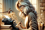 Image created by Dall-E 3 — woman writing a novel on a typewriter