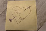 A yellow post-it note shows a drawn heart with an arrow through it that says “Feb + Mar” in the middle of the heart.