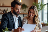 Couple reviewing detailed wedding photography contract with reliable vendor, preventing ghosting issues