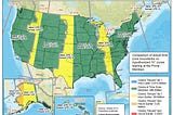 Time zone map of the USA with offset from solar time