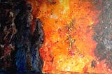 Oil painting by Nicole Forup. It represents an abstract lava like explosion with two dark silhouettes watching.