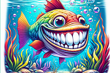An AI generated image of a fish with an unusually wide grin revealing a set of big teeth. The fish is in a cheerful mood, its fins flapping with excitement. Its scales reflect a myriad of colors under the underwater sunlight. Sea plants sway around it and the bubbles from its mouth skitter towards the surface, further accentuating its joyous demeanor.