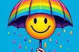 A hand holds a rainbow-colored umbrella with a smiley face on it. Colorful raindrops fall around the umbrella against a blue background.