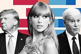 Photo of Taylor Swift, Donald Trump and Joe Biden for satirical article on Swifties saving American democracy. Humor. Music. Pop Music. Grammys. KC Chiefs