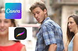 This image is a humorous take on the “distracted boyfriend” meme. A boyfriend is holding hands with a girl signified with the Adobe logo but is admiring another girl (signified with the logos of Affinity, Canva, Procreate and Figma).