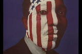 Black man’s face with red & white stripes/blue stars painted on it; excerpts from the Pledge of Allegiance at top of poster.