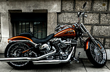 IMage of Harley Davidson motortbike on a stand in front of a wall.