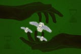 An illustration of two hand silhouettes catching money with wings as two hourglasses indicate the passing of time on a dark green rough-textured background.
