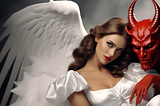 An image of a female angel with a menacing-looking red devil peering in from the side.