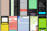 A collage of 10 phone sized screenshots that show terrible color contrast in dark mode. Much of the content is unreadable.