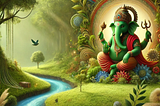 A beautifully crafted eco-friendly Ganesh idol surrounded by lush greenery, with a serene river flowing nearby, symbolizing sustainability and devotion.