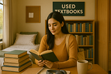 Student reading used books in a college dorm room in 2025