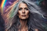 AI-generated image of a middle-aged white woman with long, wind-blown gray hair, tan skin, high cheekbones and wrinkles on her face and neck. There’s a galaxy and rainbow behind her.