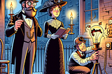 Cartoon illustration set in Victorian London at dusk. A man in a suit, top hat, beard, and monocle, and a woman in a long lace dress, both read by candlelight. Beside them, an engineer struggles with a burned-out prototype of an electric light, a hole burned in his glove. The gentleman remarks to the lady, ‘I knew it, these electric lightbulbs would never take off!’