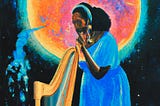 AI assisted drawing of Alice Coltrane playing music under the moon