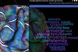 Stylized brain in with list of spacious words: gravity infinite flow void heavens emptiness etc.
