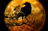 A rust-colored full moon with a specter style crow/raven in front of it, perched on a branch as tendrils of smoke from its materialization flow from its body.