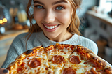 a young woman eating a delicious pizza.
