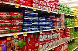 Rows of disposable diapers in a supermarket