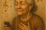 An older women listening to music, eyes closed, hand on heart