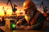 A weathered dockworker with a gray beard wearing an orange hard hat sits at a harbor terminal, his hand positioned over a glowing green ‘OK’ button on an old computer monitor, with shipping cranes silhouetted against a sunset sky in the background.