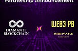 Partnership Announcement between Diamante Blockchain and Web3 Punjab Community. The image features a digital circuit board background in dark purple with the logos of Diamante Blockchain and Web3 PB. The tagline ‘Diamante Ecosystem — 1 Million+ Strong Community’ is displayed at the bottom, along with logos for CreditCircle, PayCircle, DiamCircle, MudraCircle, MetaCircle, and CryptoNewz.