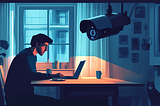 A man working on a laptop with a camera hovering over him.