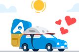 A blue AmiGO car wearing a hat and backpack with a sun and hearts around it.