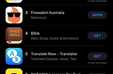 Image of app store top chart listing showing Firewatch Australia in the number 3 spot.