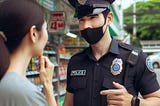 A policeman in uniform talking to a woman in front of a convenience store.