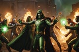 A dramatic illustration of Doctor Doom in his iconic suit, standing tall with his fists clenched and magical energy swirling around him. In the background, a blurred image of the Avengers (Iron Man, Captain America, Black Widow, Thor, Hulk, and others) preparing for battle. The image is dark and ominous, with bold lines and vibrant colors, hinting at the epic and intense fight scenes to come.