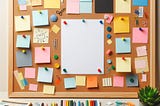 A board with sticky notes and pins sitting on a table with colored pencils