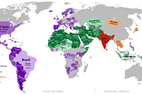 Countries with majority religions. *Australia, Canada and Germany have a “Christian” majority, but no denomination dominates (>50%). Sources: CIA, PRI