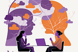 An illustration of two women sitting on either side of a table, talking. There is a laptop on the table between them, and an abstract representation of trees, leaves, clouds, and what could be a face in profile behind them.