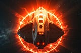 A spaceship in deepspace with a red glow of energy from behind it.