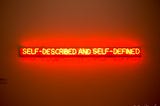 A wall with light up words that say, “self-described and self-defined”