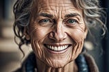 Closeup of a stress-free, happy mature woman with grey hair.