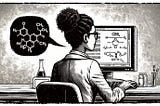 Image of a female scientist talking “chemistry” to a computer (generated using ChatGPT by OpenAI)