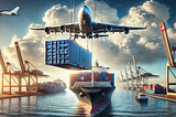 ChatGPT generated panoramic image of a shipping container suspended in mid-air between a container ship and a cargo aircraft