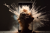 An AI generated image of an explosion on a phone, the explosion exceeds the bounds of the phone. The image is a metaphor of rapidly growing business online.