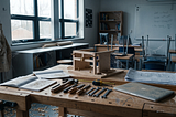 An empty workshop classroom with tools, plans, a laptop and an unfinished wooden model on a workbench, suggesting a disappearing apprenticeship pathway.