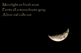 A photo of a crescent moon to the lower right-hand side of the image on a black background. The haiku is in the upper left. The photo was taken by the author on February 14, 2024.
