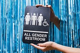 A person holding a sign that reads All Gender Restroom with icons for female, male, transgender, and wheelchair.