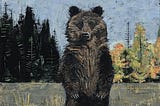 Painting of a bear standing on two legs, a forest in the background.