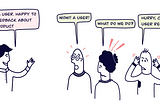 Cartoon: Stakeholders in an organisation surprised and not knowing what to do when a user comes to provide feedback.