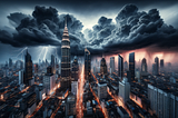 City skyline under stormy clouds with lightning, dramatic contrast. Created in Dall-e 3 and ChatGPT 4