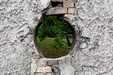 A grey brick and cement wall with a round hole in the centre through which some grass and a tree can be seen