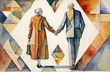 Cubist-style watercolor of an elderly couple holding hands. AI image by author.