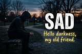 the word “sad” on a poster with the words “hello darkness, my old friend” below it; a man sits on a bench in a dark scene